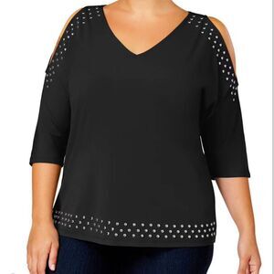 INC international concept black silver studded cold shoulder jersey top 1X